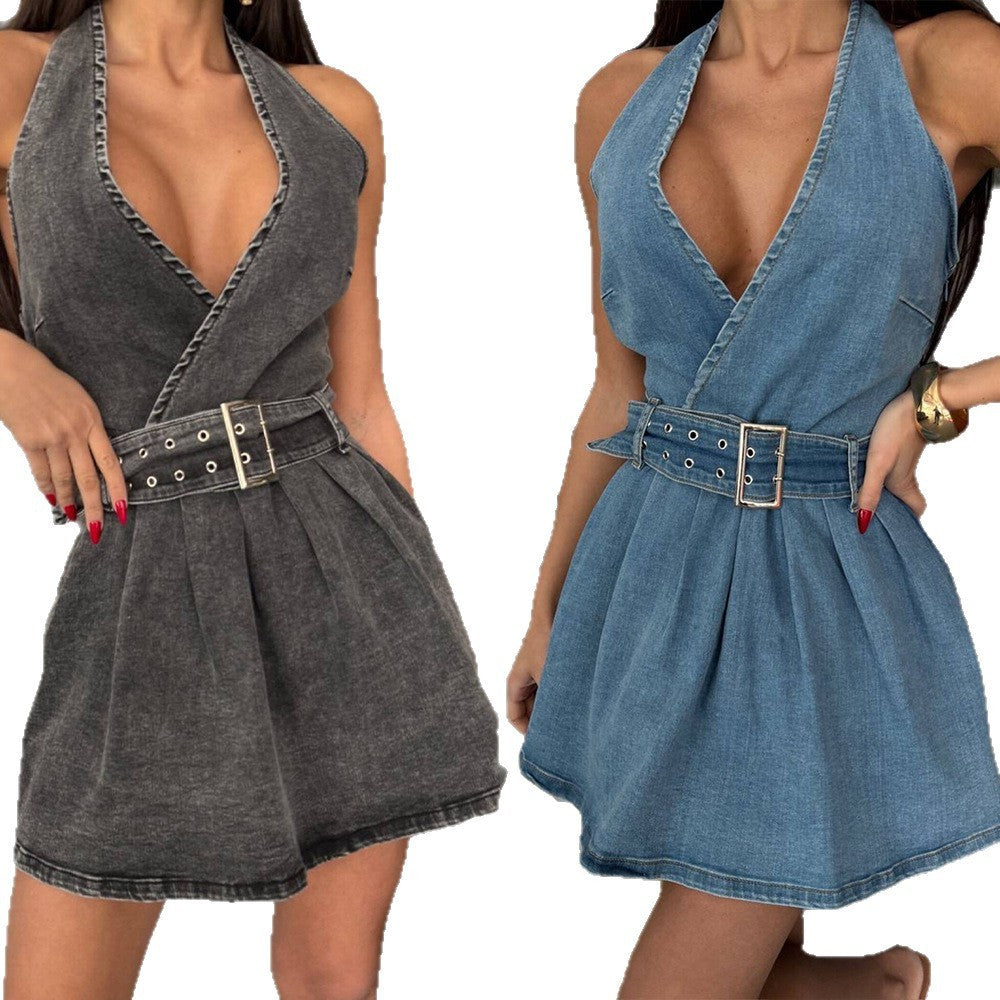 Belt Hanging Collar Backless Denim Dress
