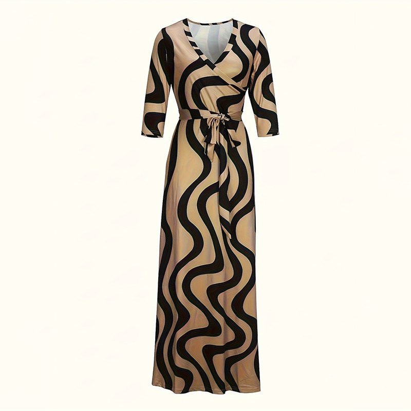 Print Maxi Dresses V-Neck Tie Waist Dress