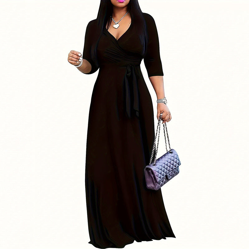 Print Maxi Dresses V-Neck Tie Waist Dress