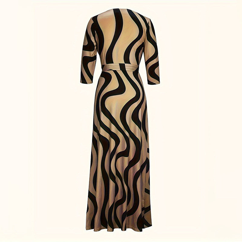 Print Maxi Dresses V-Neck Tie Waist Dress