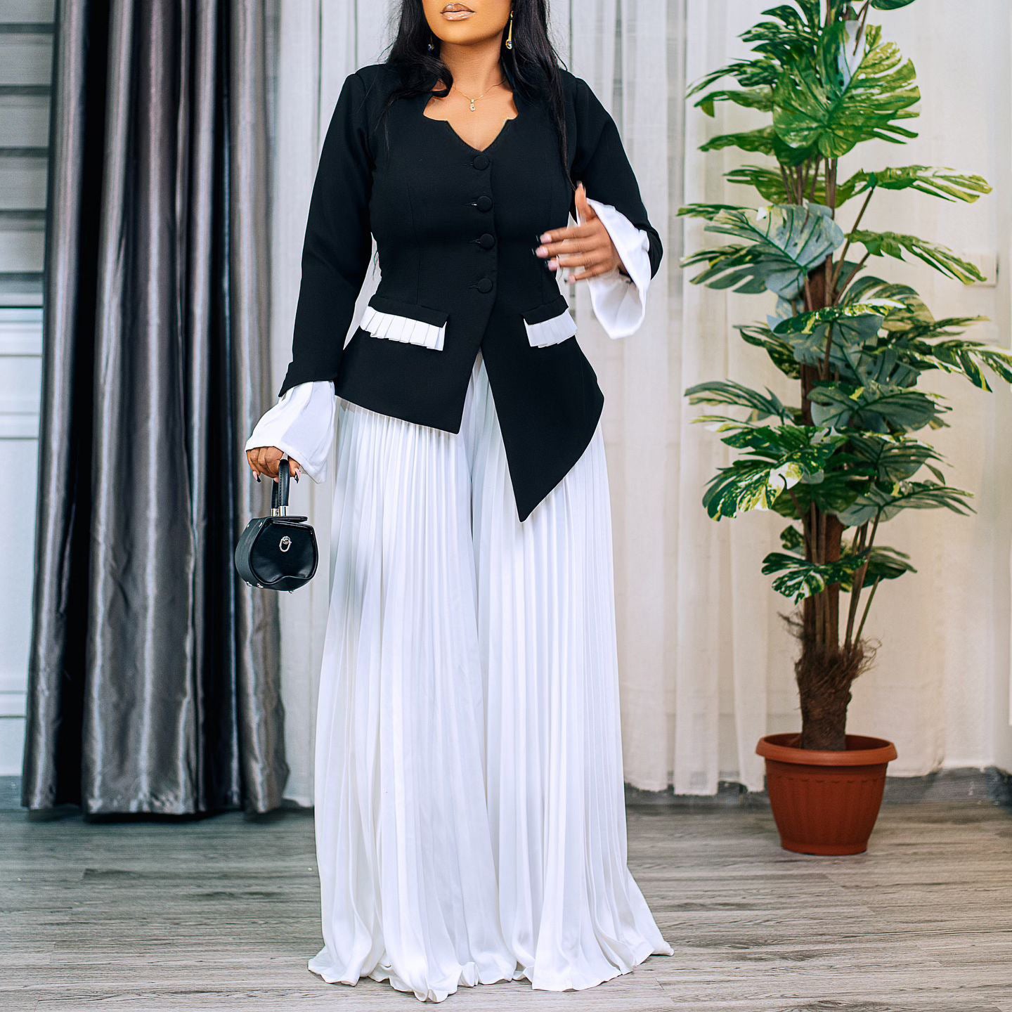 Flared Sleeves Top Pleated Wide-leg Pants Suit
