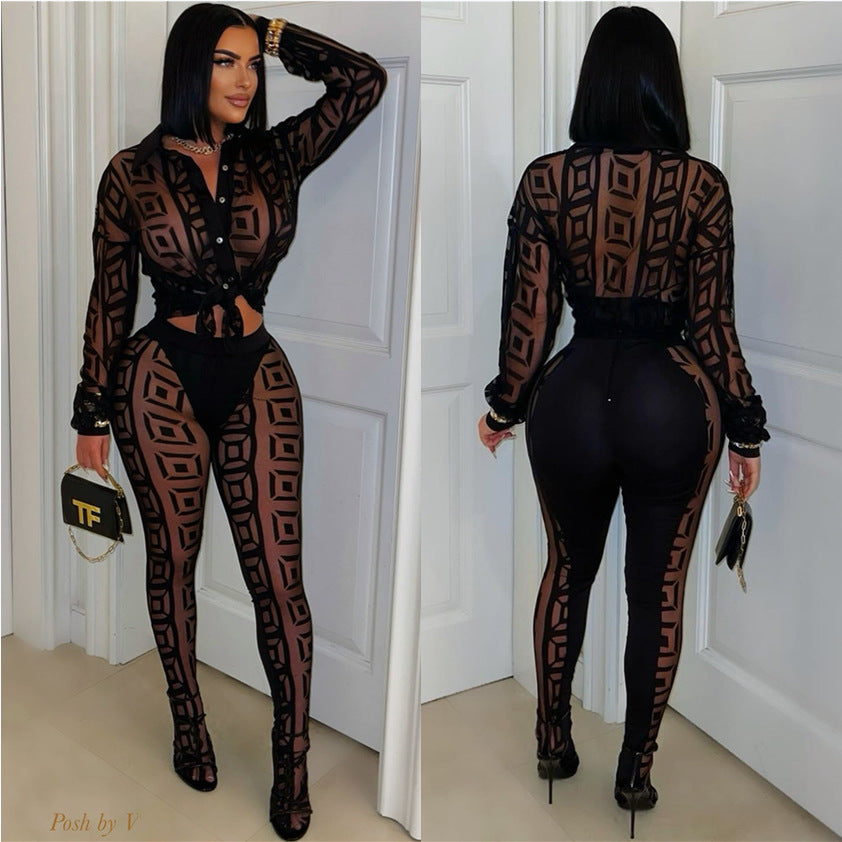 Mesh See-through Shirt Pants Suit