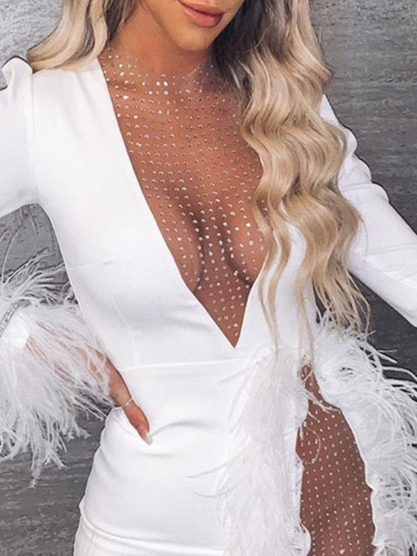 V-neck Mesh Feather Dress