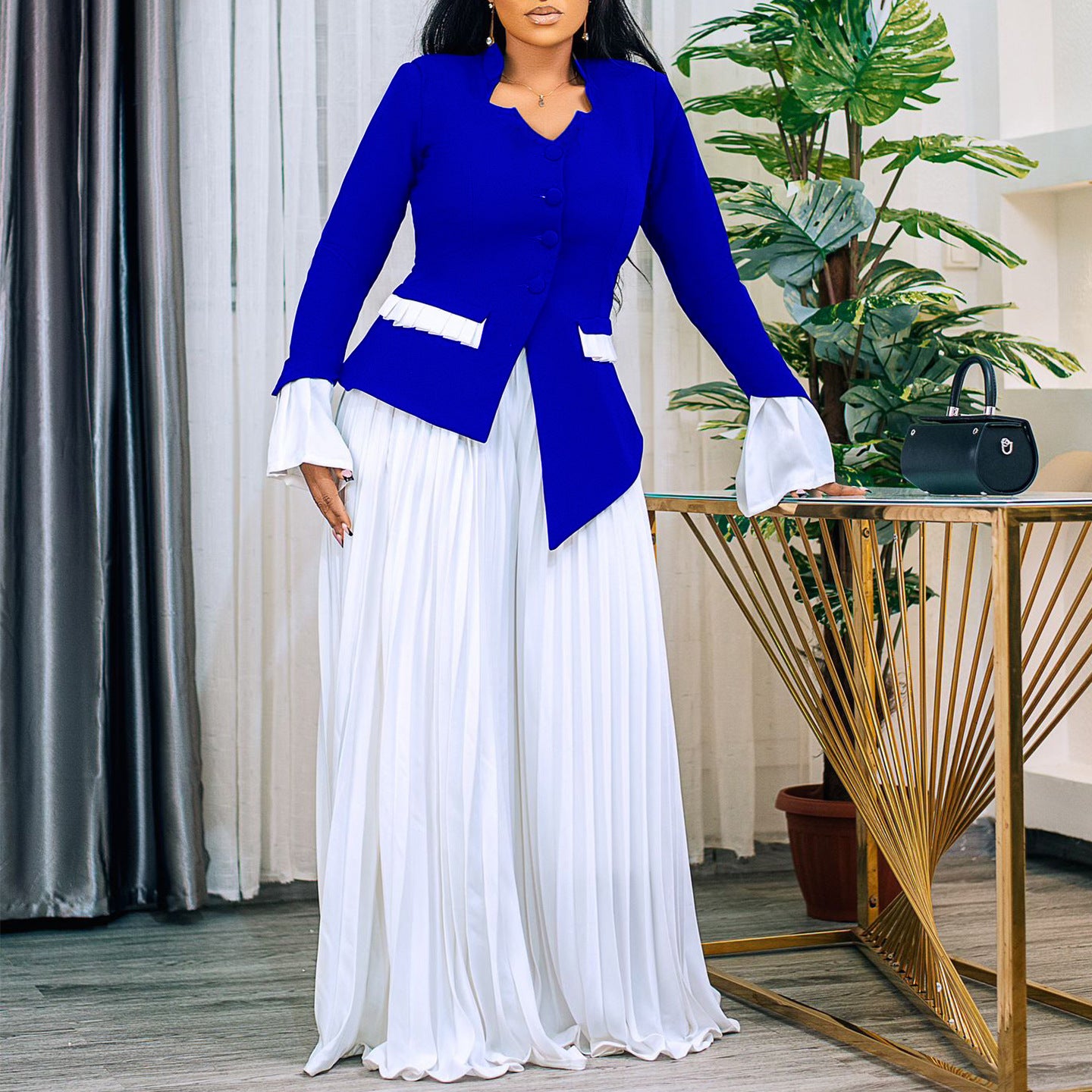 Flared Sleeves Top Pleated Wide-leg Pants Suit