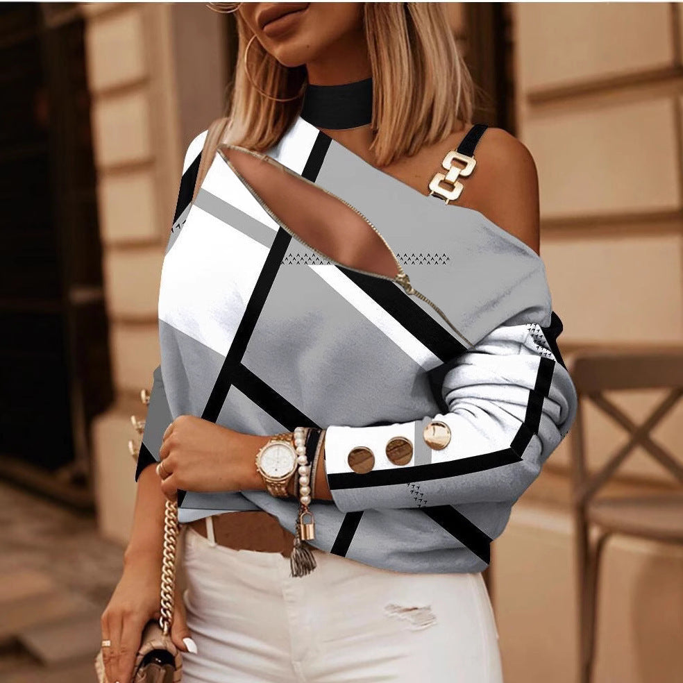 Long-sleeved Chain On Neck Printed Top