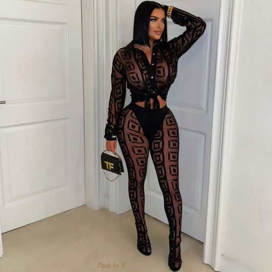 Mesh See-through Shirt Pants Suit