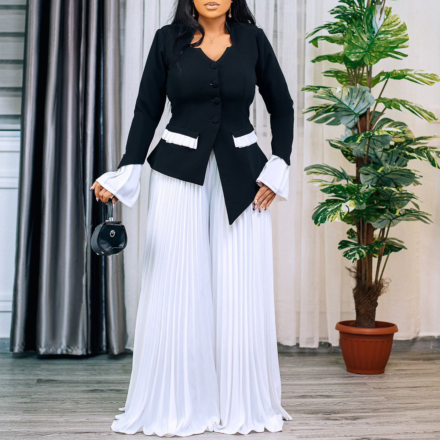 Flared Sleeves Top Pleated Wide-leg Pants Suit
