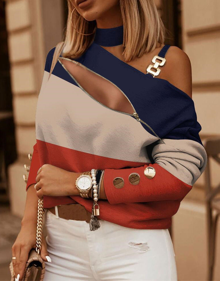 Long-sleeved Chain On Neck Printed Top