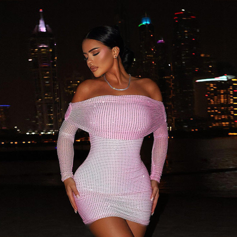 Off-shoulder Pleated Long Sleeve Dress