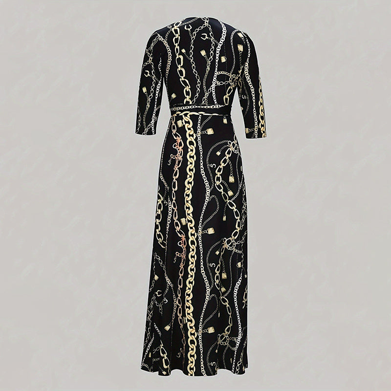 Print Maxi Dresses V-Neck Tie Waist Dress