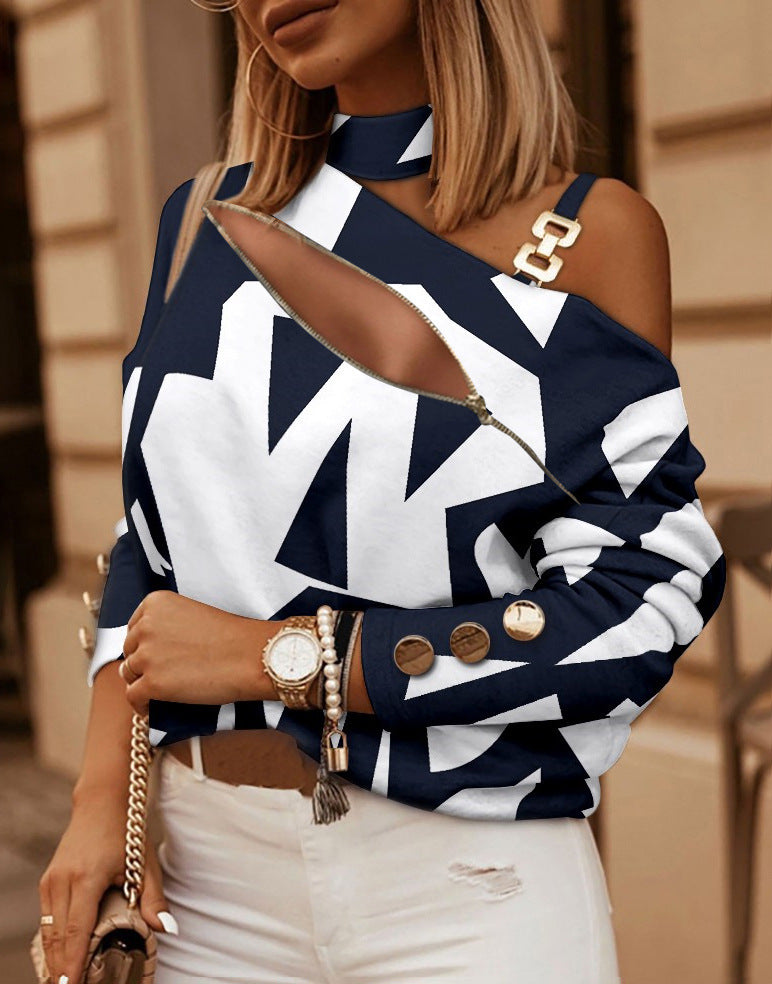 Long-sleeved Chain On Neck Printed Top