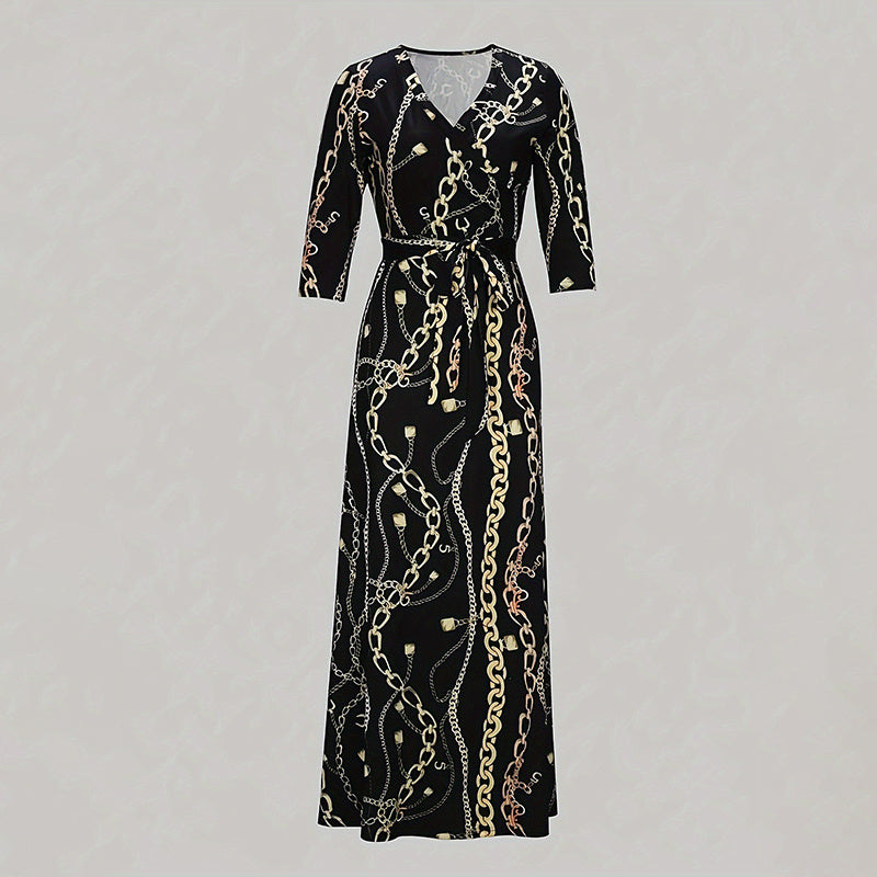 Print Maxi Dresses V-Neck Tie Waist Dress