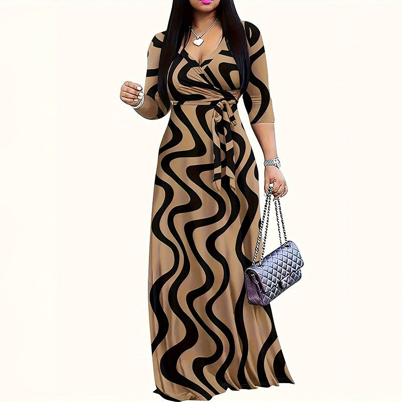 Print Maxi Dresses V-Neck Tie Waist Dress