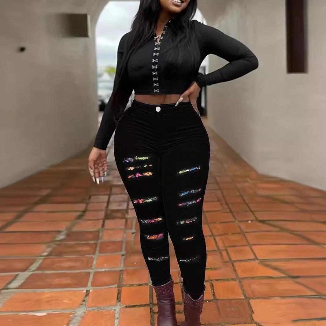 Color Matching Patch Hole Denim Skinny Pants